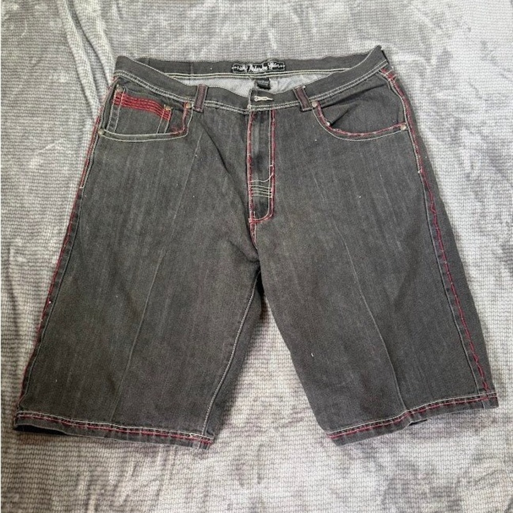 Y2K Ablanche Embroidered Wing Denim‎ Shorts Grey Red Contrast Stitch Mens 44x14